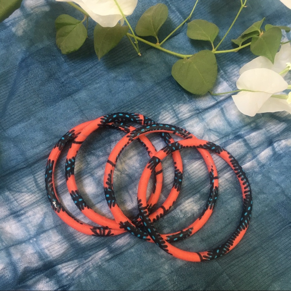 Four African wax bracelets bangle set pink blue